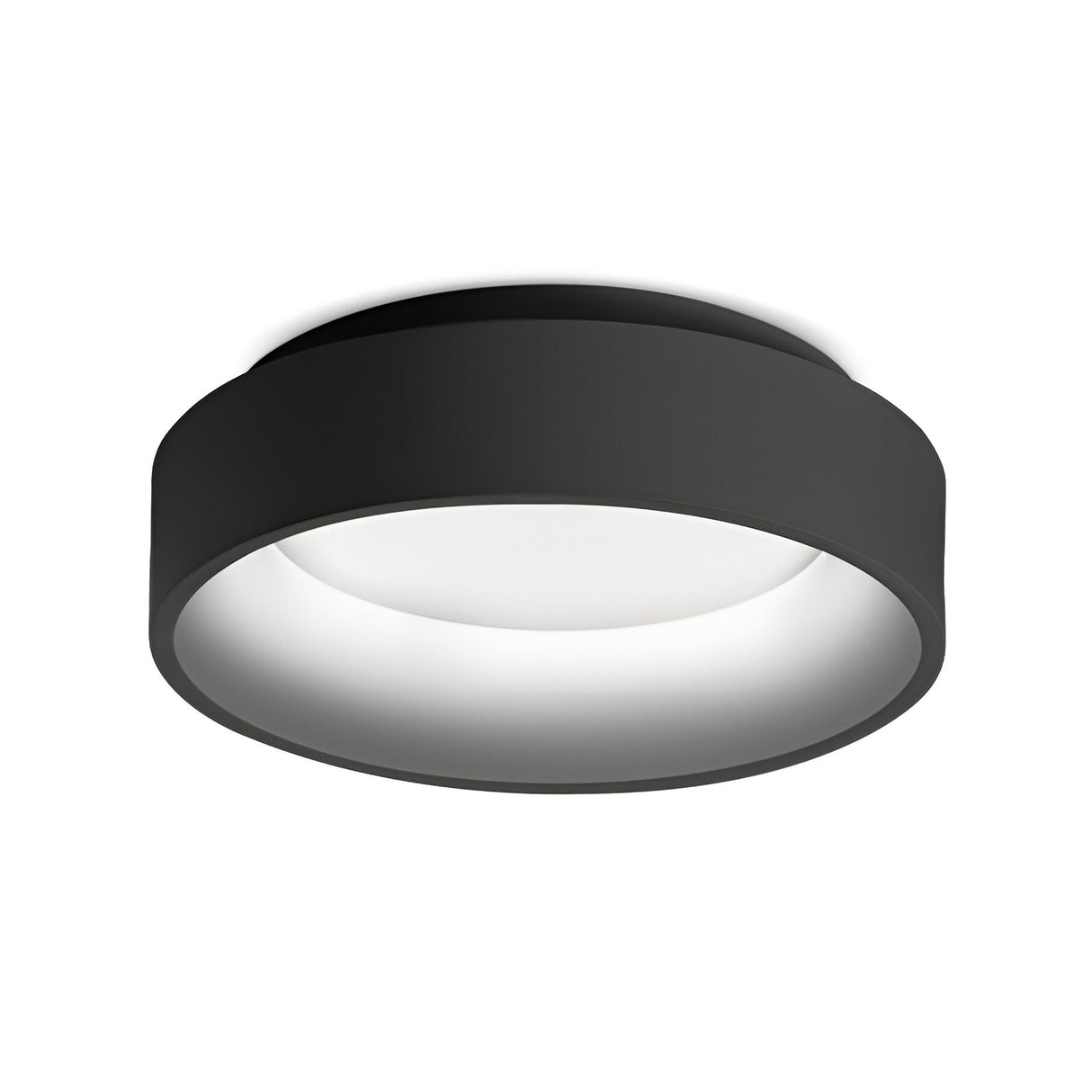 Introducing the Fluxis LED Flush Ceiling Light - Black, 30cm. This contemporary black fixture boasts a circular design and a smooth minimalist aesthetic. Its energy-efficient qualities are highlighted by a wide black rim that gracefully encases the white circular light source, offering a sleek and versatile addition to any interior setting.
