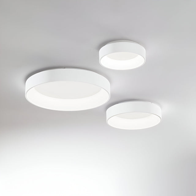 Three Fluxis LED Flush Ceiling Lights, featuring 30cm white frames, are mounted on a white ceiling. These energy-efficient lights emit a soft, diffused glow in varying sizes, achieving a minimalist and contemporary aesthetic.