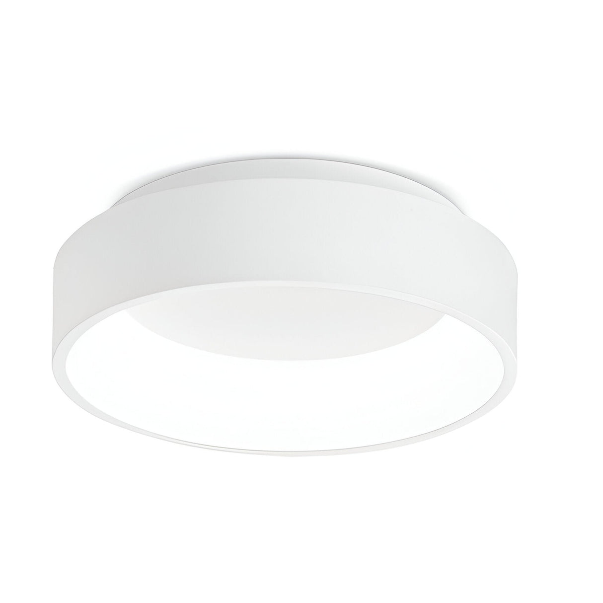 The Fluxis LED Flush Ceiling Light - White, 30cm showcases a minimalist, circular shape with a contemporary design. Its smooth and sleek finish offers energy-efficient lighting that emits a gentle glow, all complementing a simple white background.