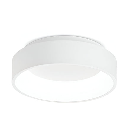 The Fluxis LED Flush Ceiling Light - White, 30cm showcases a minimalist, circular shape with a contemporary design. Its smooth and sleek finish offers energy-efficient lighting that emits a gentle glow, all complementing a simple white background.