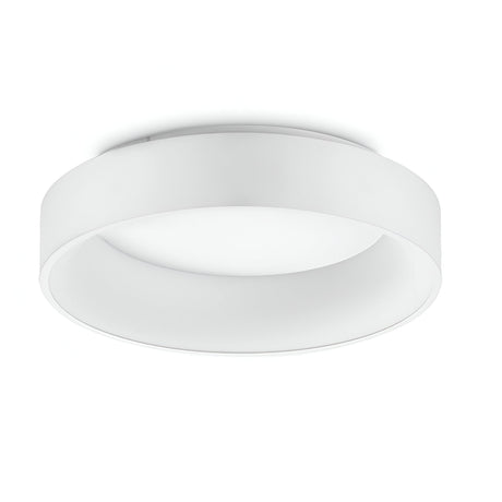 Introducing the Fluxis LED Flush Ceiling Light in White, measuring 45cm. This modern circular fixture features a minimalist design with a flat surface and a slightly raised edge, perfectly complementing its white background. It utilizes integrated LED technology to provide energy-efficient illumination and ensure long-lasting brightness.