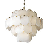 The Solyra 15 Light 4 Tier Petal Alabaster Chandelier in Soft White features overlapping white alabaster discs and a gold chain, creating a soft, layered elegance reminiscent of petals in bloom.