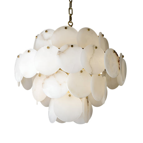 The Solyra 15 Light 4 Tier Petal Alabaster Chandelier in Soft White features overlapping white alabaster discs and a gold chain, creating a soft, layered elegance reminiscent of petals in bloom.