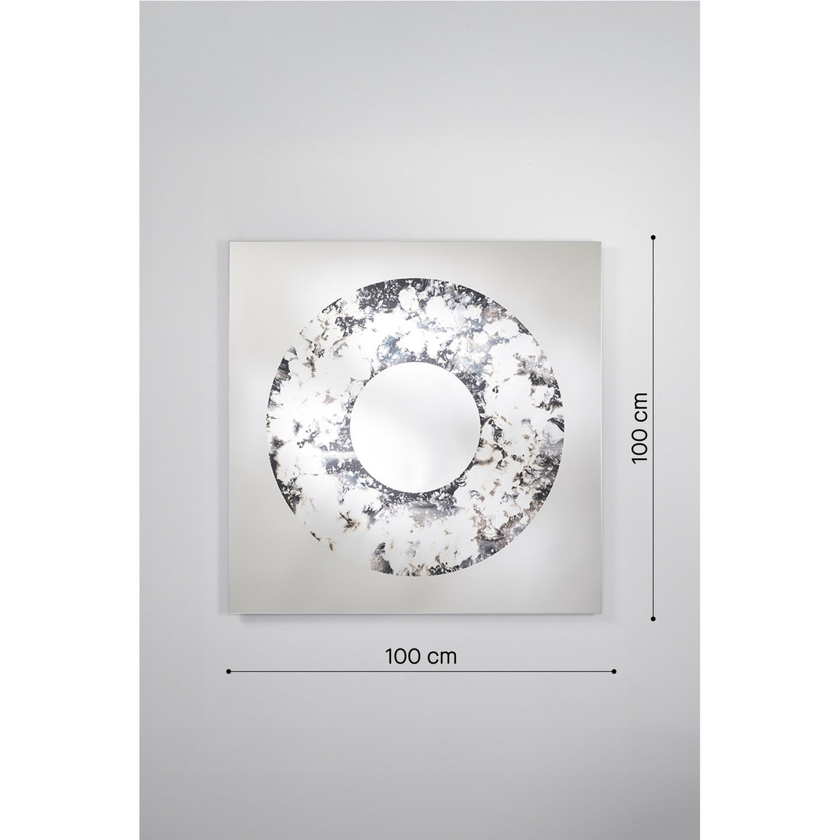 Torus Hand Silvered Square Wall Mirror 100cm, a plain mirrored square with a hand-silvered ring in clouded black, grey and brown tones, shown on a light grey wall with size markers.
