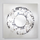 Square wall mirror one metre across with a broad ring silvered by hand around a plain mirrored centre.