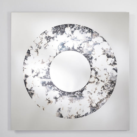 Square wall mirror one metre across with a broad ring silvered by hand around a plain mirrored centre.