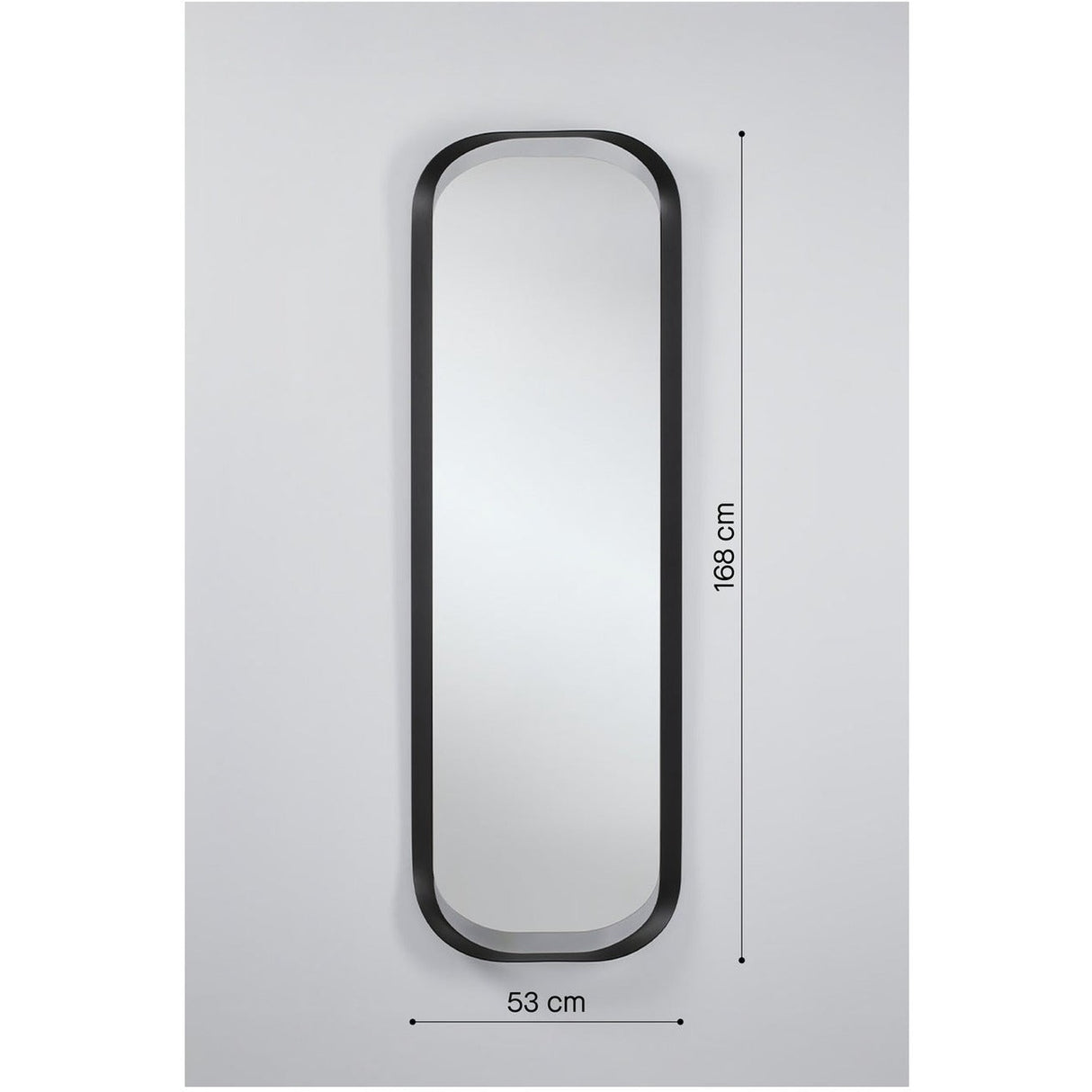 Calligra Curved Metal Wall Mirror, tall oval shape with black frame, shown with dimensions 168cm high by 53cm wide on a plain light grey background.