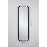 Calligra Curved Metal Wall Mirror, tall oval shape with black frame, shown with dimensions 168cm high by 53cm wide on a plain light grey background.
