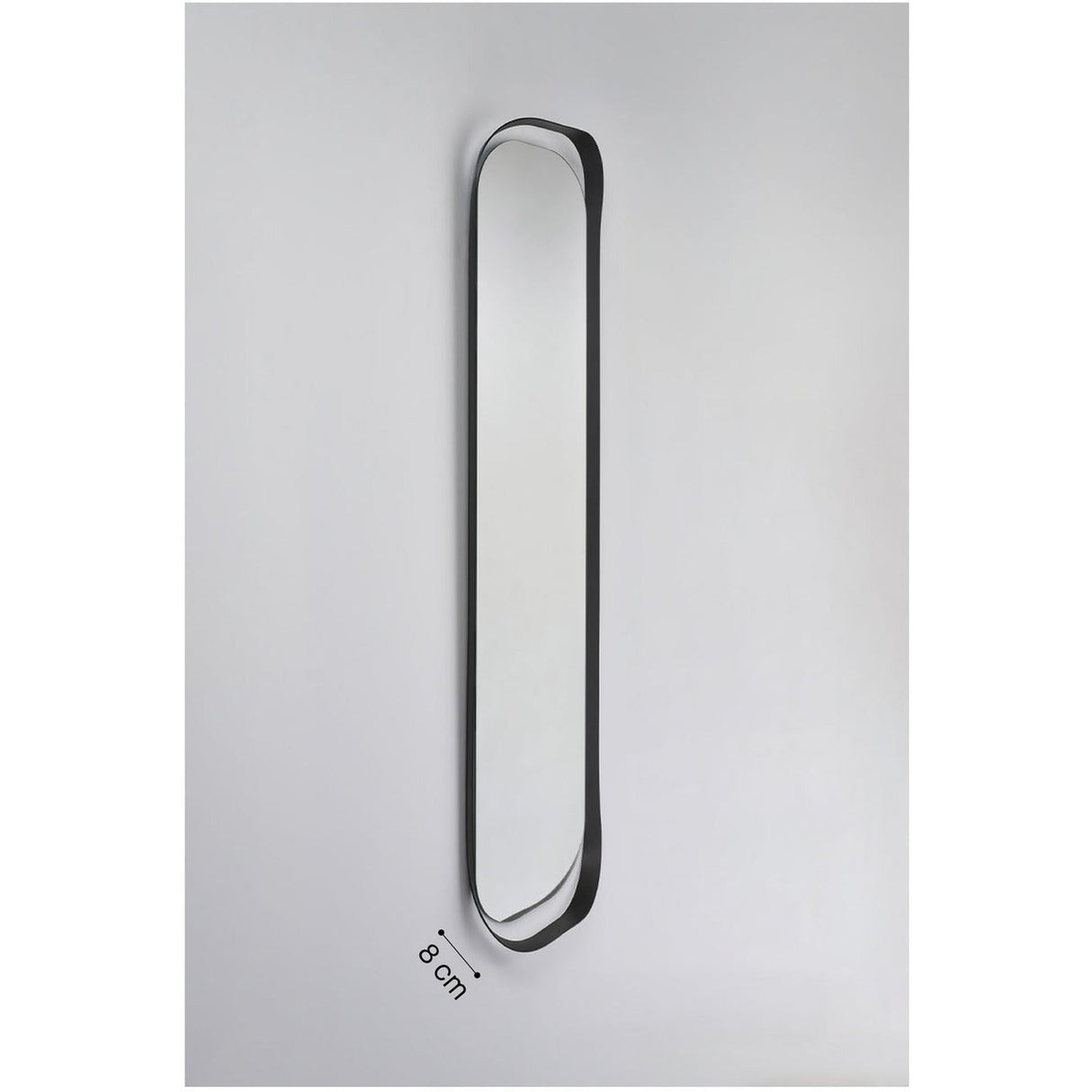 Calligra Curved Metal Wall Mirror 168cm in black, a tall oval mirror with a curved black frame, shown on a plain light grey background with an 8cm depth label.