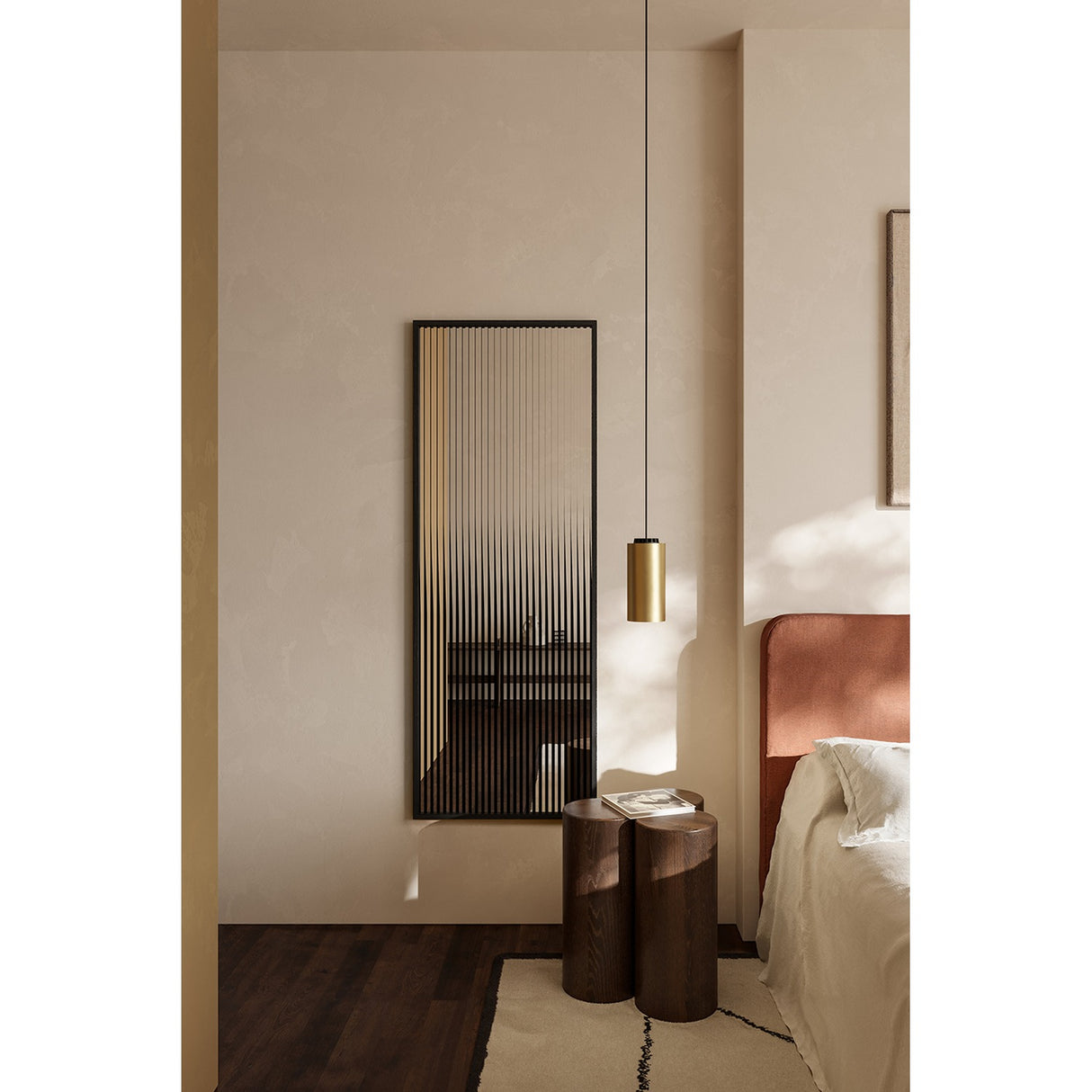 Attitude Striped Glass Oak Framed Wall Mirror 160cm in black frame with vertical striped glass panels, mounted in a bedroom beside a brass pendant light and bed.