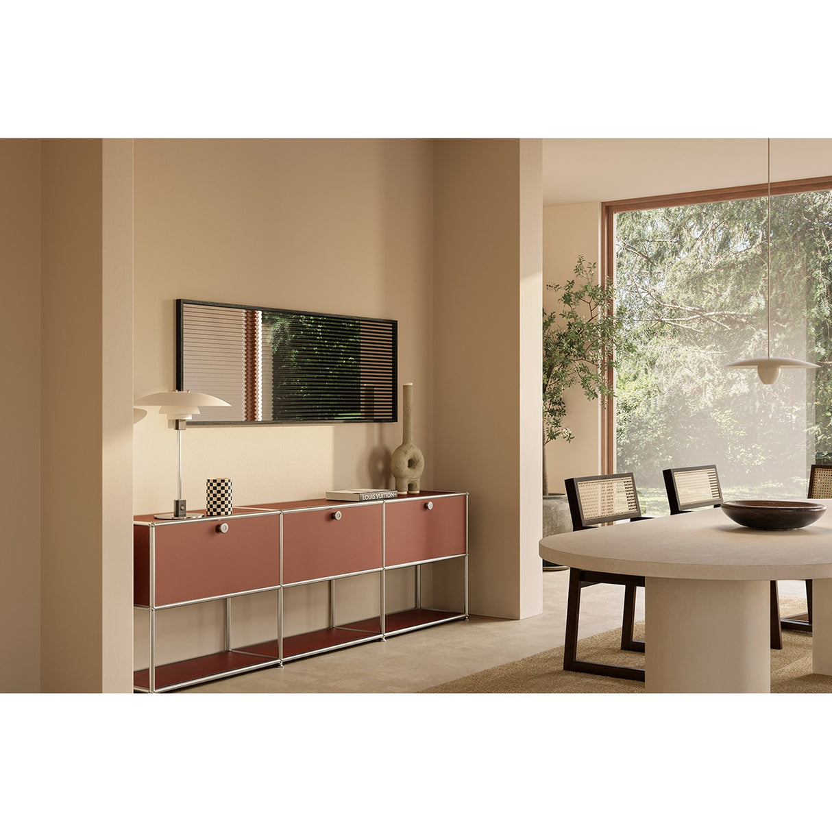 Attitude Striped Glass Oak Framed Wall Mirror, 160cm, black-framed rectangular design with vertical striped glass panels, mounted above a pink sideboard in a living room.