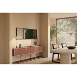 Attitude Striped Glass Oak Framed Wall Mirror, 160cm, black-framed rectangular design with vertical striped glass panels, mounted above a pink sideboard in a living room.