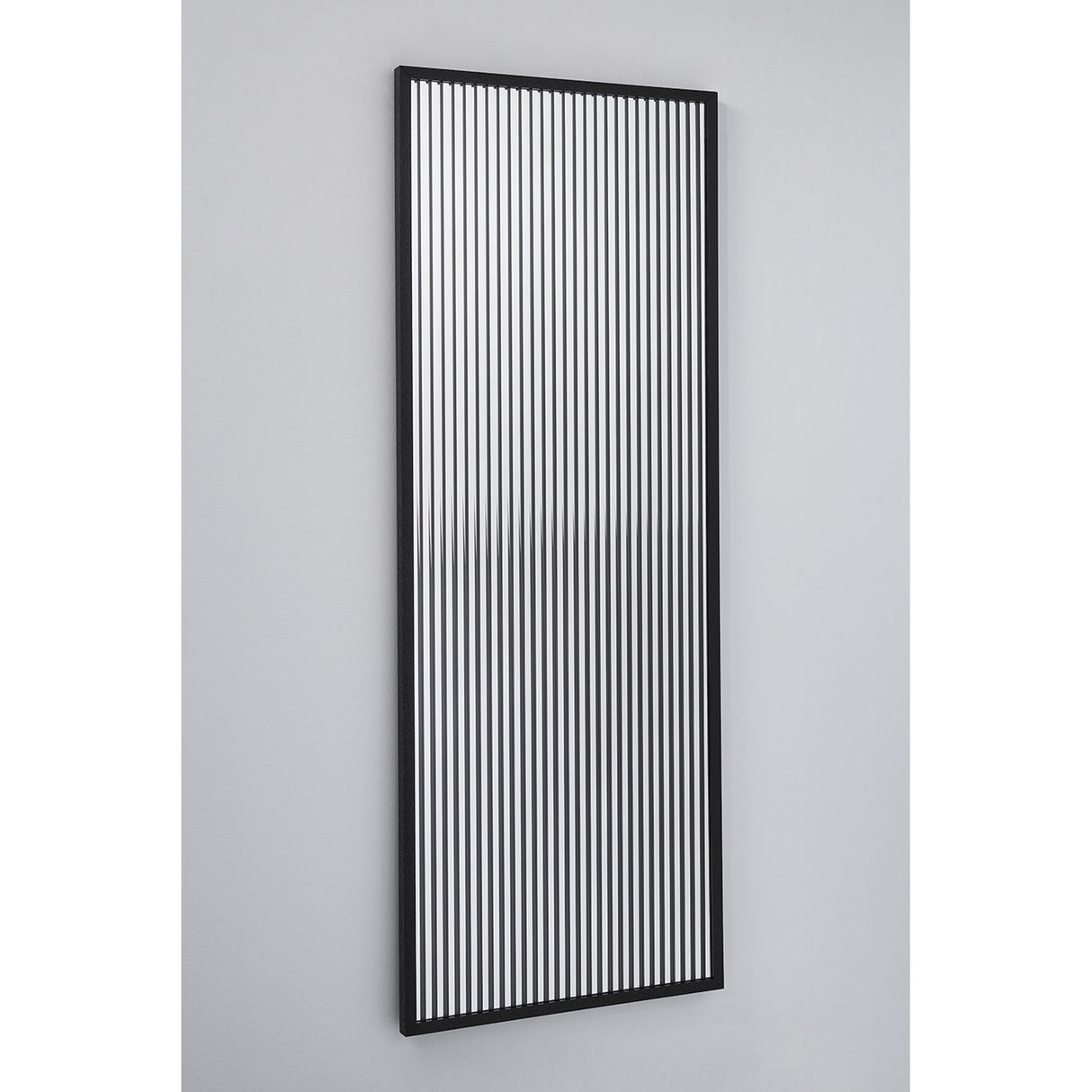 Attitude Striped Glass Oak Framed Wall Mirror 160cm shown at an angle, black frame with vertical striped glass creating a banded reflection, against a plain light grey background.