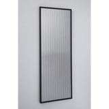 Attitude Striped Glass Oak Framed Wall Mirror 160cm shown at an angle, black frame with vertical striped glass creating a banded reflection, against a plain light grey background.