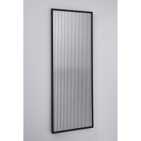 Attitude Striped Glass Oak Framed Wall Mirror 160cm shown at an angle, black frame with vertical striped glass creating a banded reflection, against a plain light grey background.
