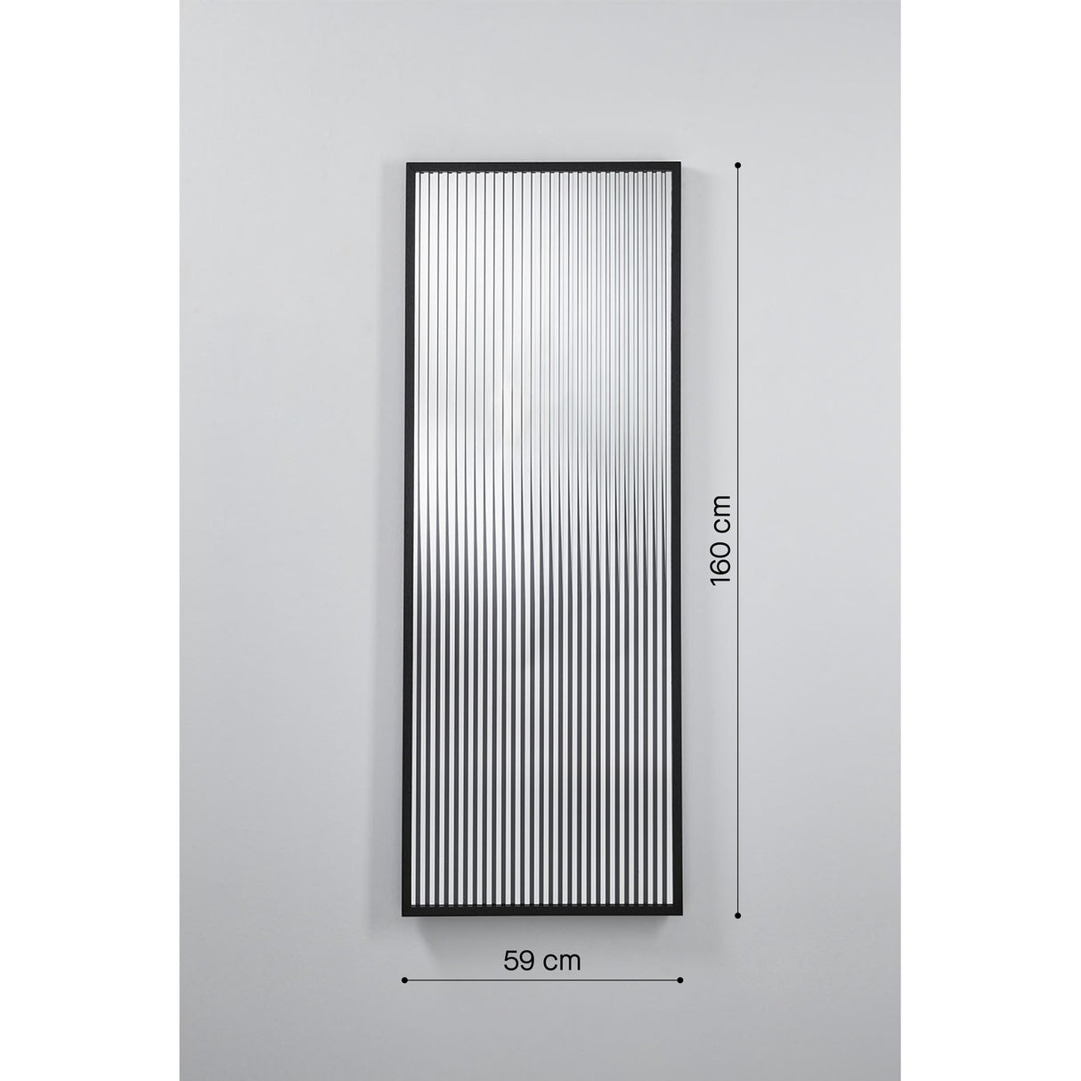 Attitude Striped Glass Oak Framed Wall Mirror, 160cm x 59cm rectangular mirror with black frame and vertical striped glass panel, shown on a plain grey background with dimension markers.