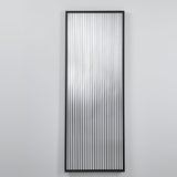 Wall mirror of vertical clear, silvered and black printed strips held in a slim black oak frame.