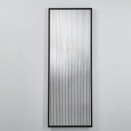 Wall mirror of vertical clear, silvered and black printed strips held in a slim black oak frame.