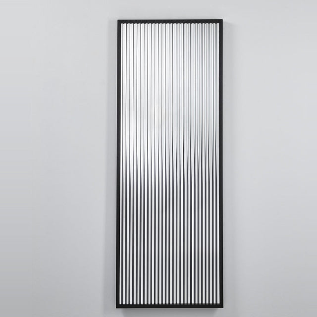 Wall mirror of vertical clear, silvered and black printed strips held in a slim black oak frame.