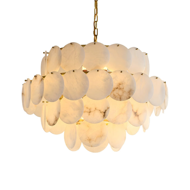 The Solyra 21 Light 4 Tier Petal Alabaster Chandelier in Soft White features layered alabaster discs on a gold chain, softly diffusing light to create a warm, elegant glow.