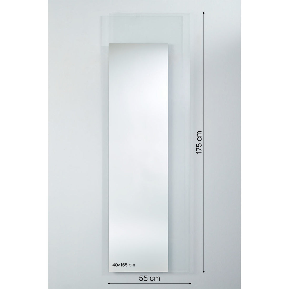 Void Hall frameless wall mirror, 175cm rectangular glass with a silvered mirrored panel set within a clear glass border, shown against a plain light grey background with dimensions labelled 55cm wide.