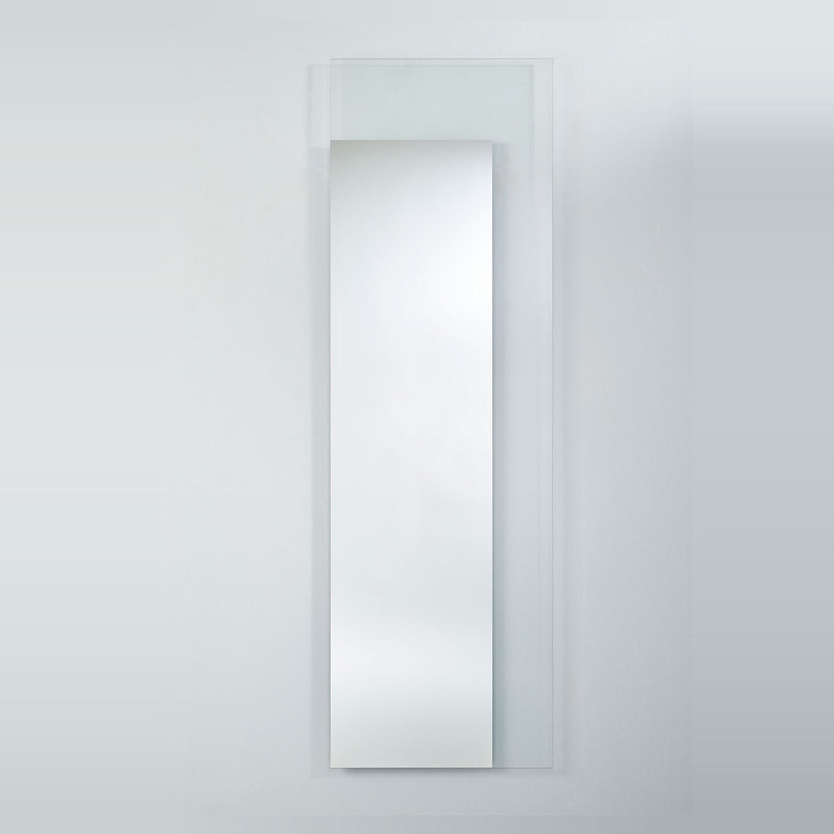 Void Hall Partly Silvered Wall Mirror 175cm, rectangular frameless design with a mirrored panel set within a larger clear glass border, mounted on a plain light grey wall.
