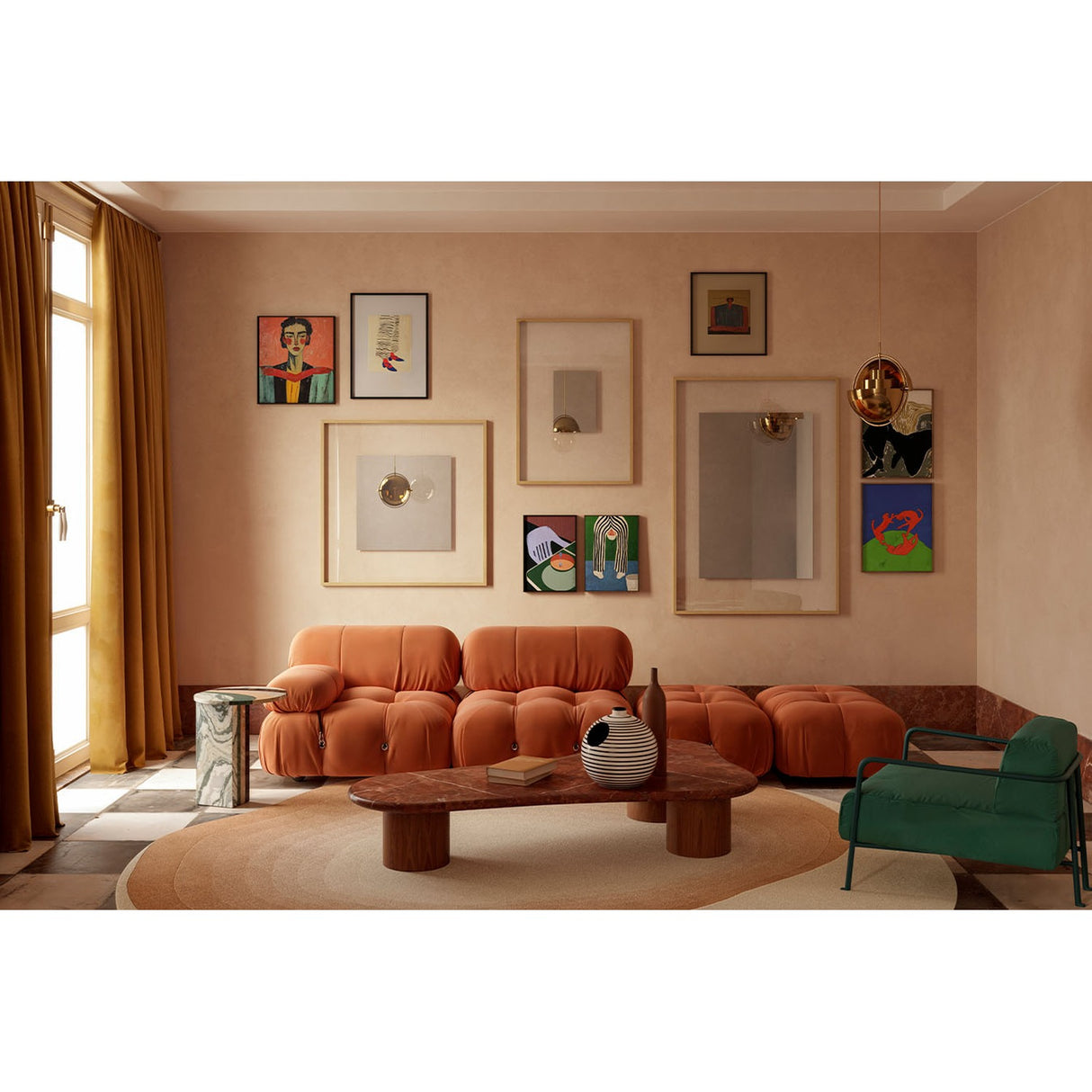 Passepartout Solid Oak Square Wall Mirror 105cm with a plain wood frame, shown above an orange sofa in a living room with gallery-style wall art.
