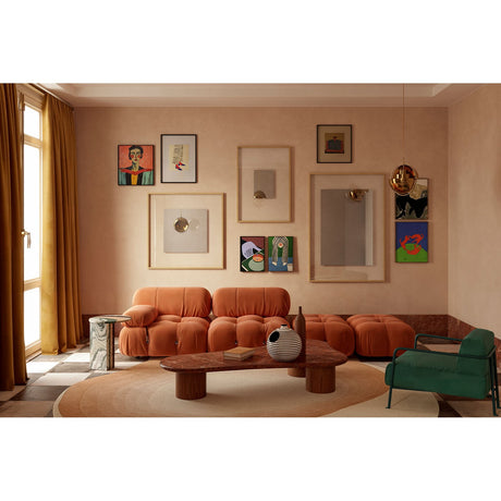 Passepartout Solid Oak Square Wall Mirror 105cm with a plain wood frame, shown above an orange sofa in a living room with gallery-style wall art.
