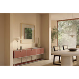 Passepartout Square wall mirror in a solid oak frame, hung above a rust-toned sideboard in a hallway with a table lamp and decorative accents nearby.