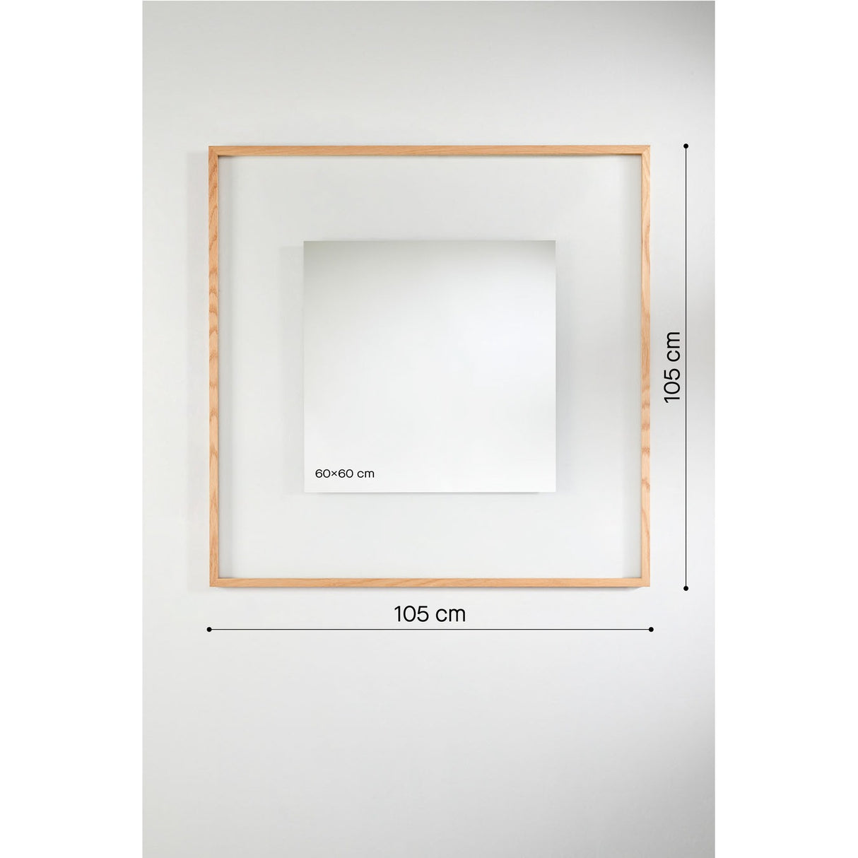 Passepartout Solid Oak Square Wall Mirror, 105x105cm, with a wide oak frame surrounding a 60x60cm mirrored centre, shown against a plain white background with dimension guides.