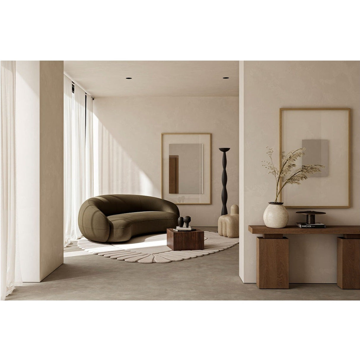 Passepartout Solid Oak Rectangular Wall Mirror, 150cm, with a fading transparent border, styled in a neutral living room beside a curved olive sofa and wooden console table.