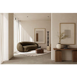 Passepartout Solid Oak Rectangular Wall Mirror, 150cm, with a fading transparent border, styled in a neutral living room beside a curved olive sofa and wooden console table.