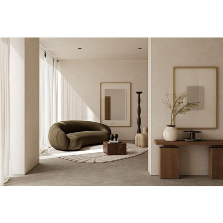 Passepartout Solid Oak Rectangular Wall Mirror, 150cm, with a fading transparent border, styled in a neutral living room beside a curved olive sofa and wooden console table.