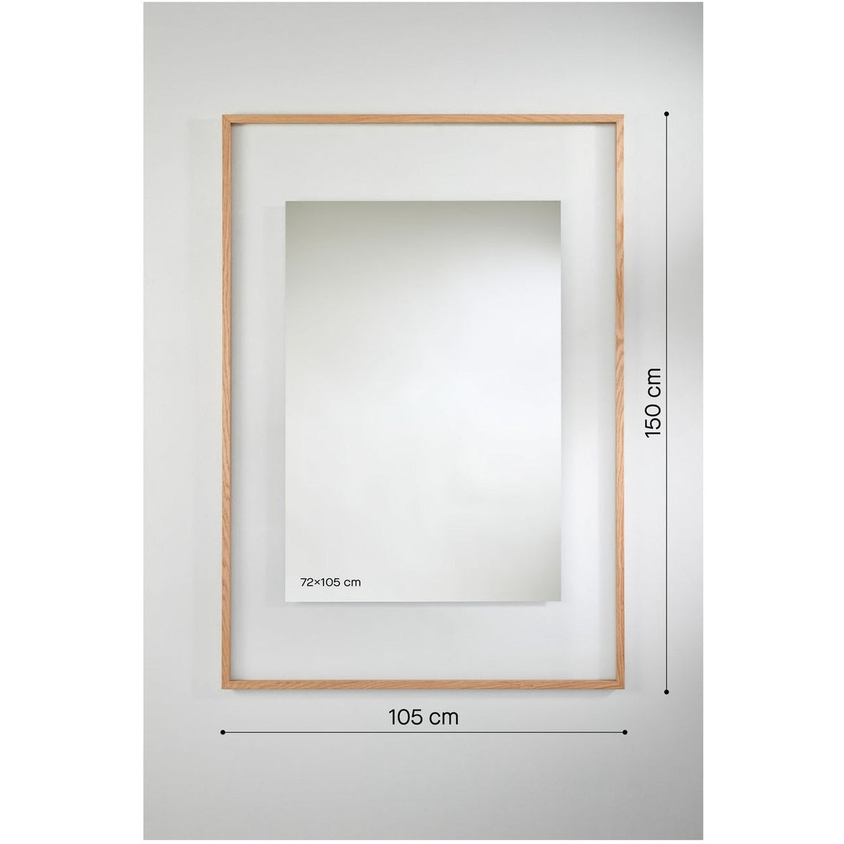 Passepartout Rectangular Wall Mirror in solid oak, 105x150cm, with a central 72x105cm mirrored panel fading into a transparent glass border, shown on a light grey wall with dimensions marked.