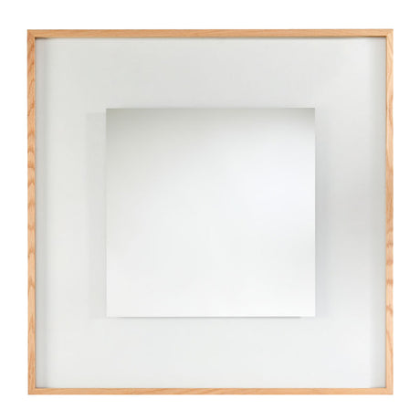 Passepartout Square wall mirror, 105cm, with a solid oak frame and a central mirrored panel that fades through a clear border towards the wood edge, shown on a plain white background.