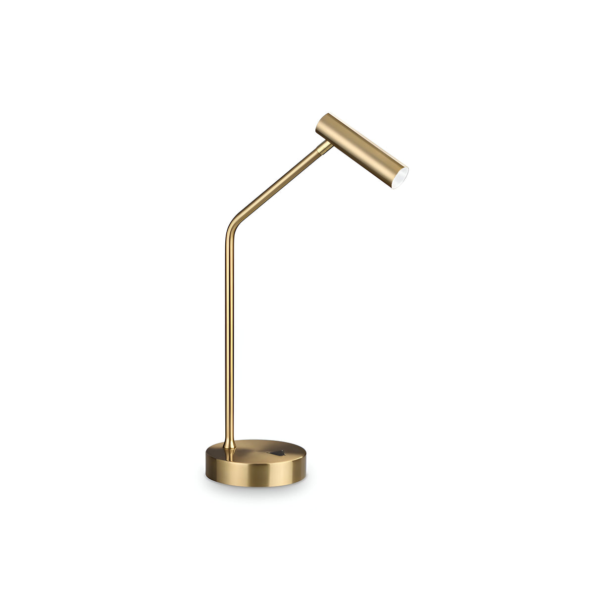 Introducing the Easy Table Lamp - Brass: a sleek, modern desk lamp featuring a cylindrical head and a curved arm attached to a round base. This minimalist design incorporates energy-efficient LED technology, highlighting clean lines and a metallic finish set against a plain white background.