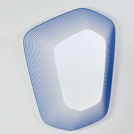 Vibe Blue Line Print Irregular Wall Mirror 80cm, frameless five-sided glass mirror with concentric blue lines creating a depth effect, shown against a plain light grey background.