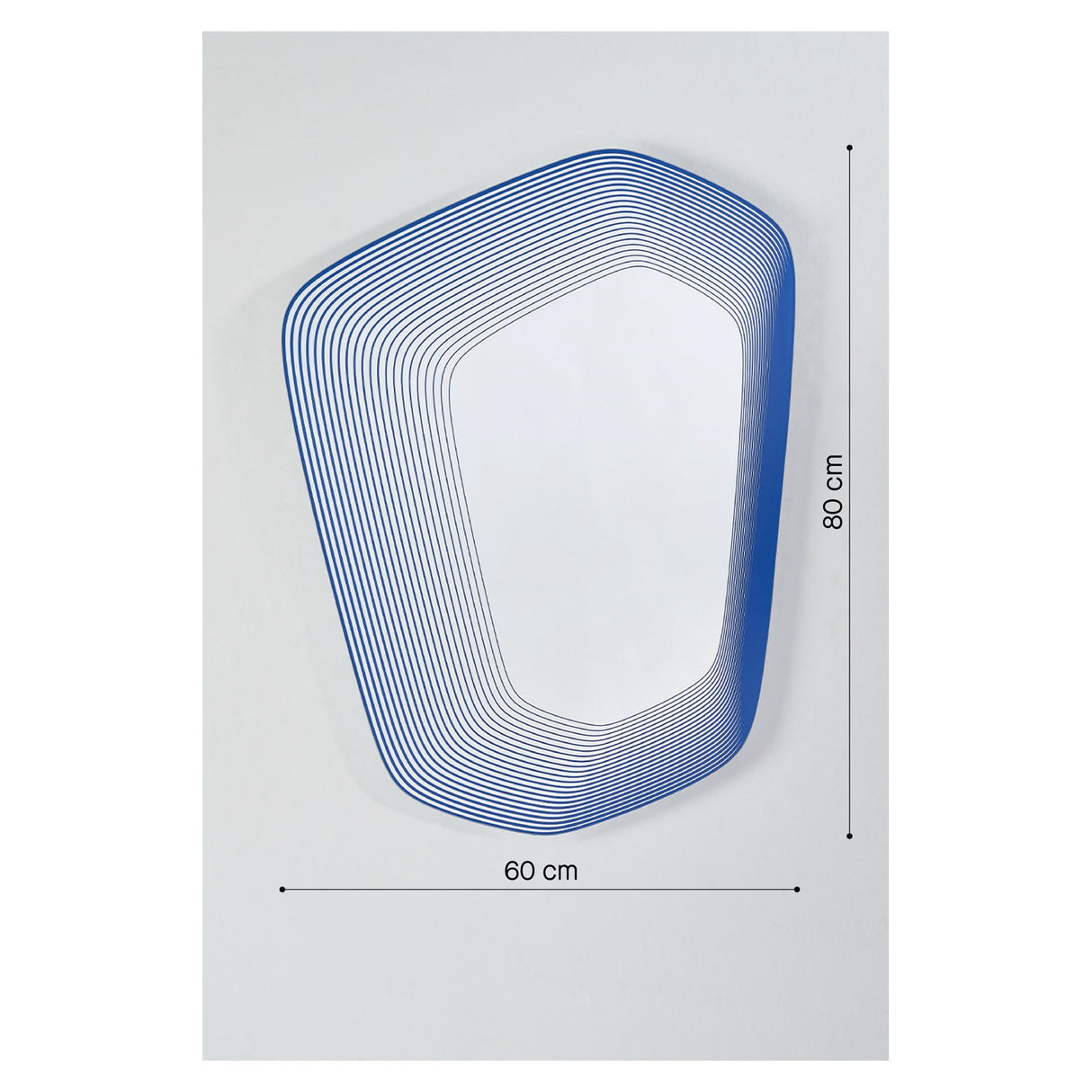 Vibe Blue Line Print Irregular Wall Mirror 80cm, a soft five-sided mirror with concentric blue printed lines fading to clear glass, shown with 60cm width and 80cm height on a light grey background.