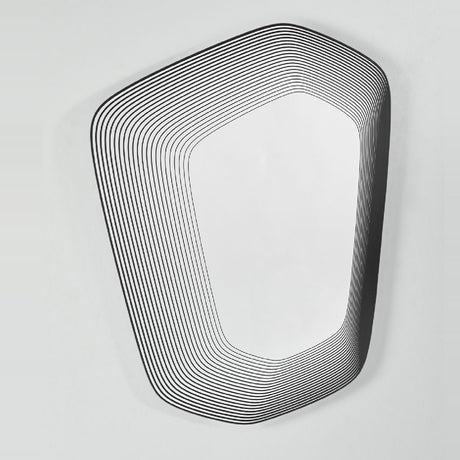 Vibe Black Line Print Irregular Wall Mirror 80cm, an irregular-shaped frameless mirror with concentric black lines printed on the glass, shown on a plain white wall.