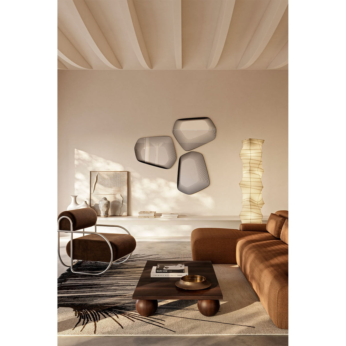 Vibe Black Line Print Irregular Wall Mirror 80cm shown as three frameless mirrors with concentric black line detailing, mounted on a beige wall in a living room setting.