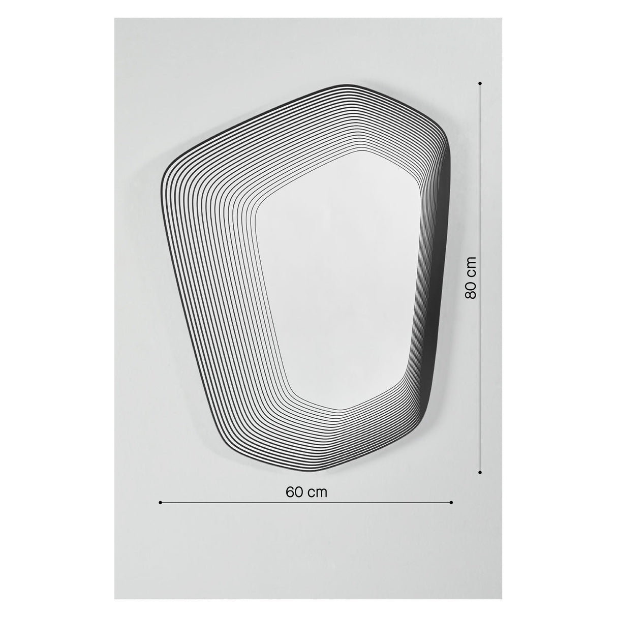 Vibe Black Line Print Irregular Wall Mirror, 60x80cm, with concentric black lines printed on glass creating a graphic depth effect, shown on a plain light grey background with dimension markers.
