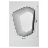 Vibe Black Line Print Irregular Wall Mirror, 60x80cm, with concentric black lines printed on glass creating a graphic depth effect, shown on a plain light grey background with dimension markers.
