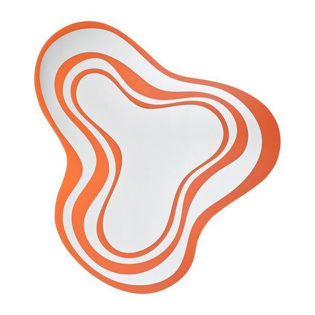 Frameless wall mirror in a cloud like outline, banded with alternating orange and silvered glass.