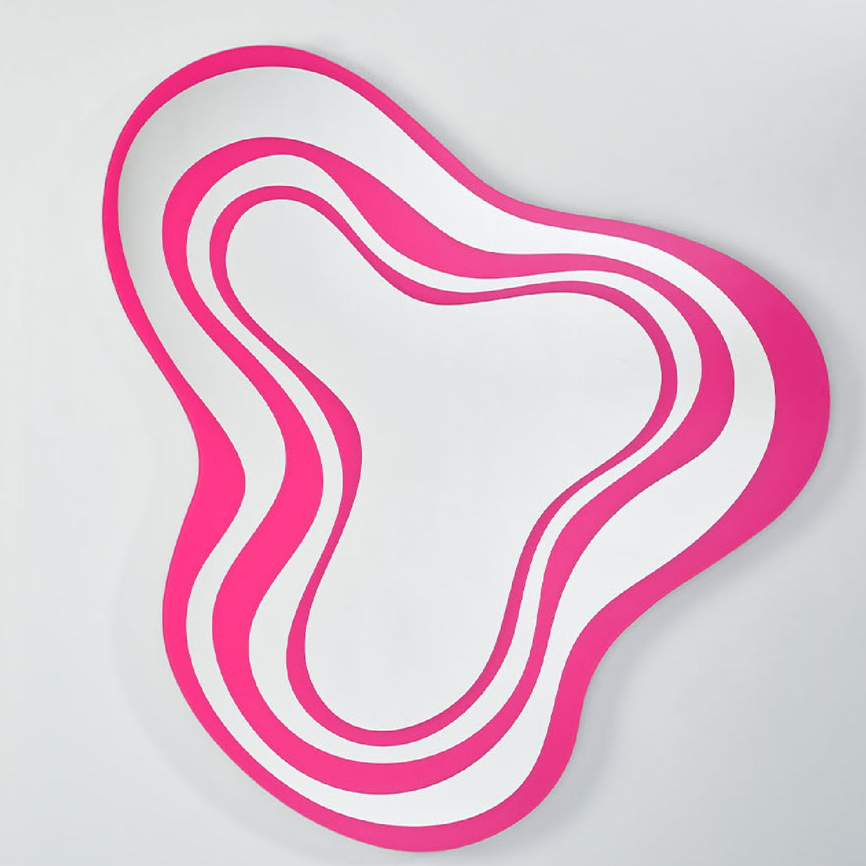 Nimbus Pink Banded Glass Wall Mirror, 123cm irregular cloud-shaped design with alternating pink and silvered glass bands, frameless, on a plain light background.