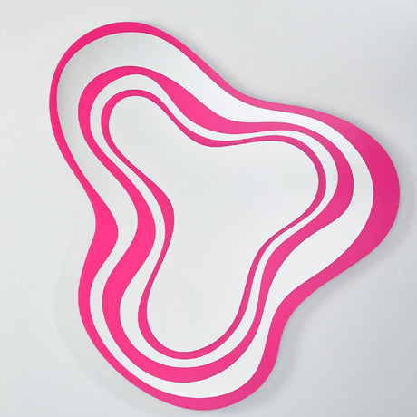 Nimbus Pink Banded Glass Wall Mirror, 123cm irregular cloud-shaped design with alternating pink and silvered glass bands, frameless, on a plain light background.