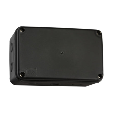 The IP66 Outdoor Enclosure, Large - Black, is a weatherproof solution for outdoor wiring. It features a black rectangular design with rounded edges and screw fastenings at each corner. Labeled IP66, this enclosure is dust-tight and resistant to powerful water jets.