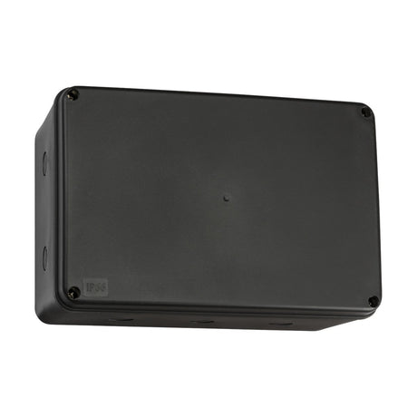 Introducing the IP66 Outdoor Enclosure, X Large - Black: This rectangular electronic box is crafted from impact-resistant polycarbonate, featuring a smooth surface, rounded corners, and screw holes at each corner. Its IP66 rating ensures it is an ideal weatherproof solution for outdoor wiring installations.