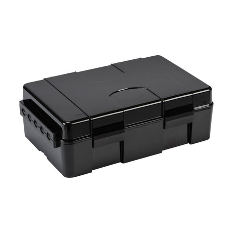 Introducing the IP55 Weatherproof Enclosure Box in black, featuring a secure latch and side handle with a simple, sturdy design. It's perfect for organizing or transporting items and protecting outdoor wiring from the elements.