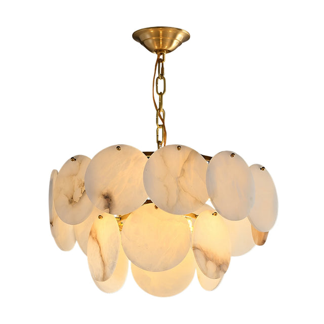 The Solyra 6 Light 2 Tier Petal Alabaster Chandelier in Soft White features overlapping alabaster-like discs on two tiers, suspended by a chain, diffusing light beautifully for a warm, elegant ambiance.