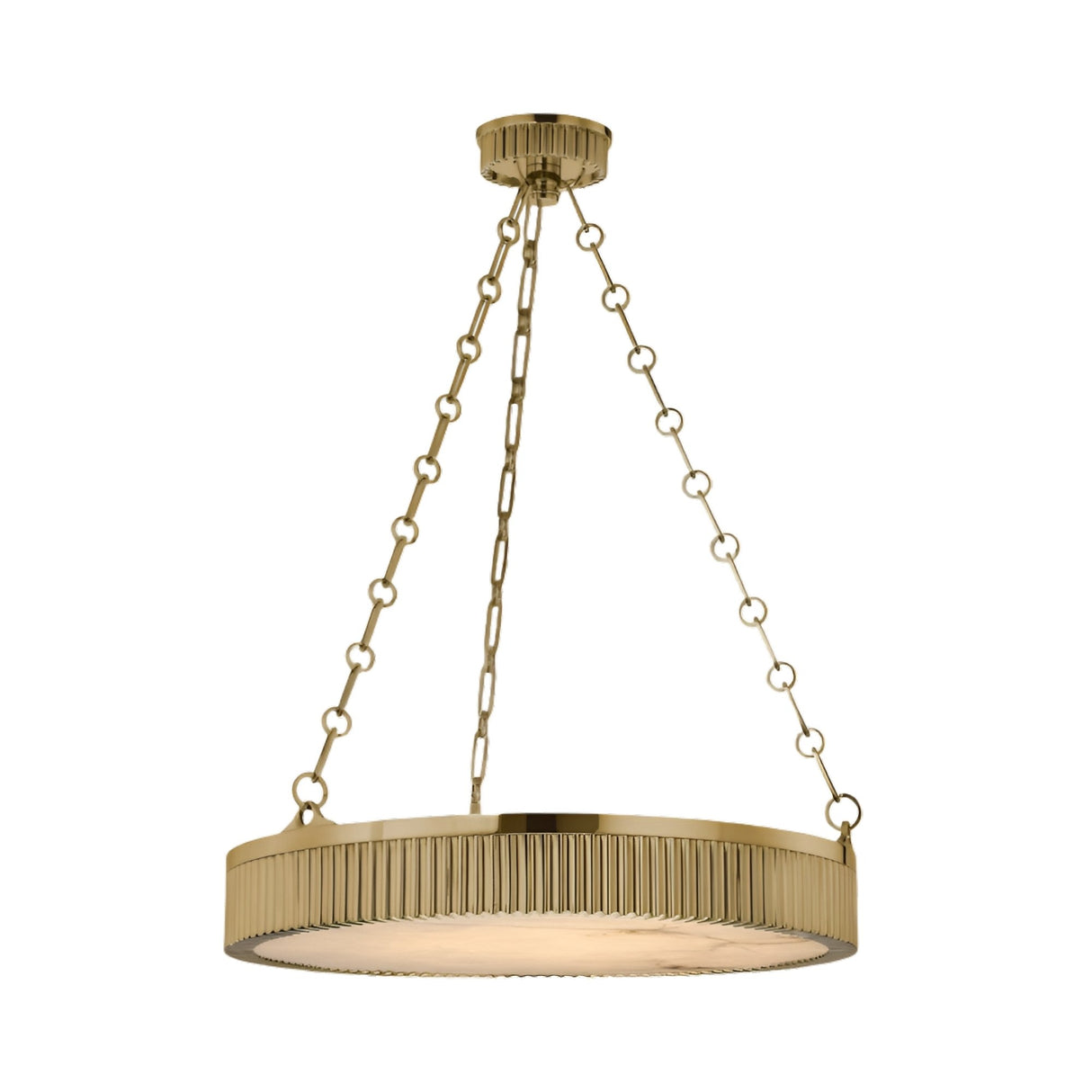 The Heliora LED Chain-Suspended Disc Alabaster Chandelier in brushed brass features a round, ribbed metal frame, three suspension chains, and a frosted diffuser beneath.